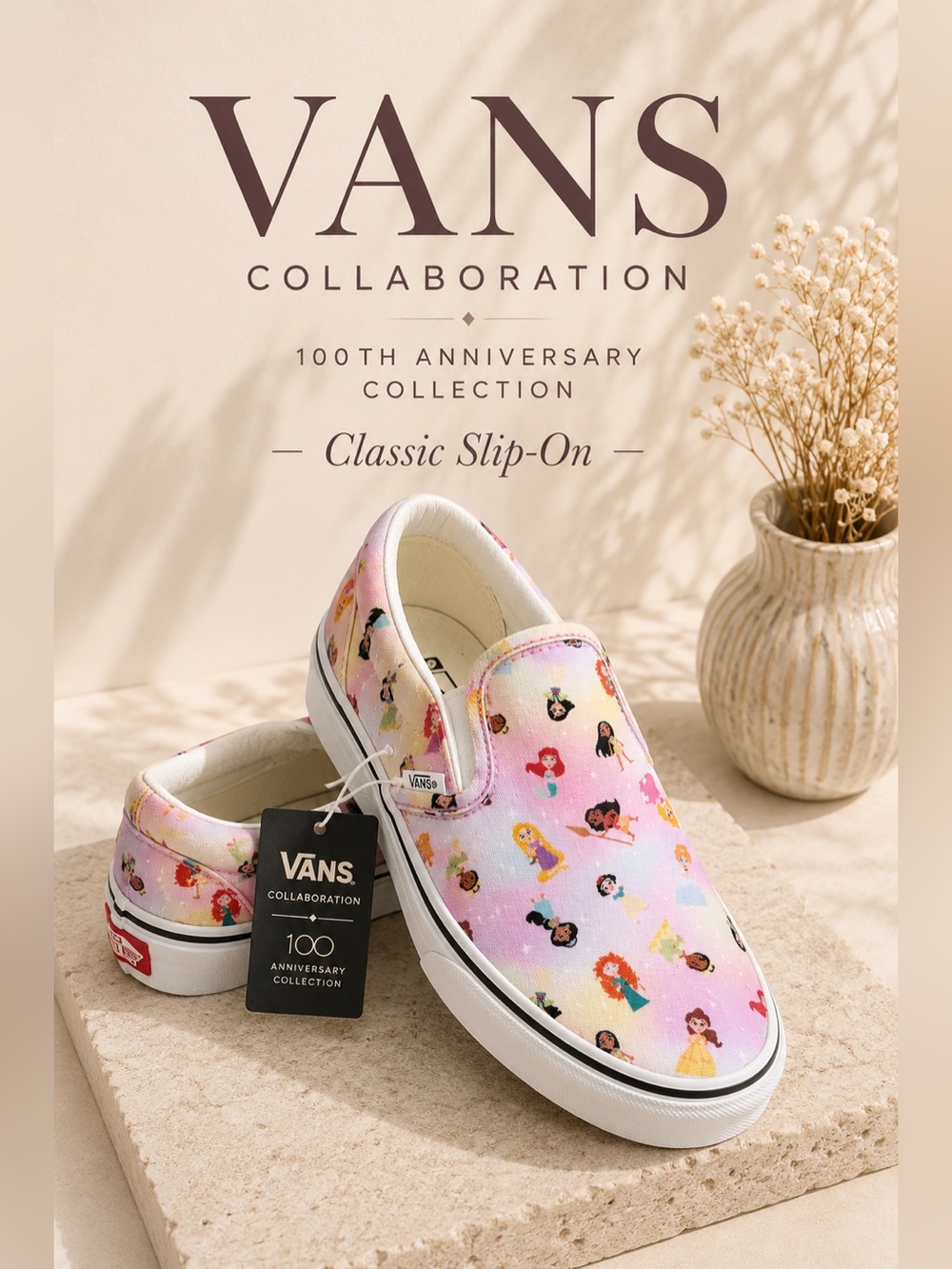 Vans x Disney 100 Princess Classic Slip-On Sneakers Pink Multi Men’s 6 Women’s 7